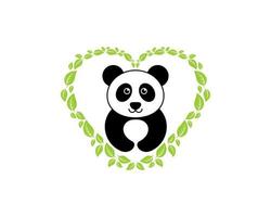 forma d'amore con foglia verde naturale con simpatico panda all'interno vettore