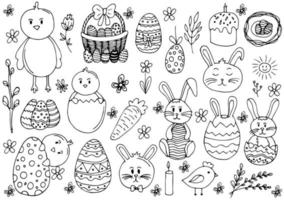 carina collezione di elementi in bianco e nero di pasqua. coniglietto di estere, pulcini, uova, cesto e tulipani. clipart divertenti di primavera per il design dei bambini. illustrazione vettoriale