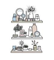 elementi di scarabocchio. oggetti di arredamento per la casa in stile doodle. illustrazione di scaffali con diversi elementi interni. vettore