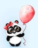 simpatico cartone animato soffice piccolo panda con fiocco e palloncino. vettore