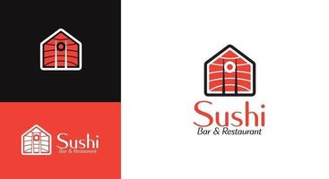 modello logo ristorante sushi sotto forma di casa con autista e icona sushi. illustrazione vettoriale di sushi bar