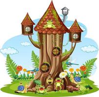 cartone animato insetto felice alla casa sull'albero delle fate vettore