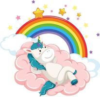 unicorno blu sdraiato su una nuvola con arcobaleno vettore