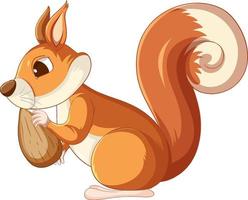 scoiattolo simpatico cartone animato che mangia mandorla su sfondo bianco