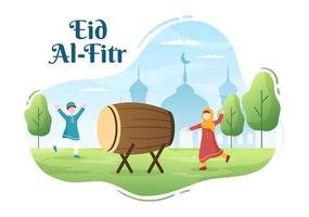 felice eid ul-fitr mubarak illustrazione. simpatico cartone animato di bambini che giocano a letto o tamburo per festeggiare in uno sfondo di stile piatto vettore