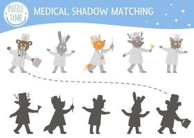 attività di corrispondenza delle ombre per bambini con simpatici medici animali. puzzle prescolare di medicina o assistenza sanitaria. simpatico indovinello medico educativo. trova il gioco di silhouette corretto. vettore