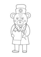 medico dell'orso del profilo di vettore con lo stetoscopio che scrive un'anamnesi. simpatico personaggio animale divertente. pagina da colorare di medicina per bambini. icona sanitaria isolata su sfondo bianco