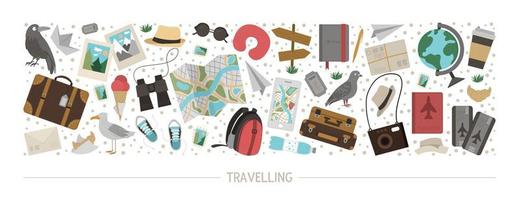 layout orizzontale vettoriale impostato con oggetti in viaggio. design di banner di elementi di viaggio. carino modello di carta divertente con elementi di viaggio o vacanza.