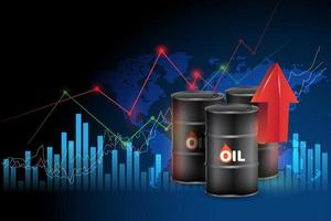 barili di petrolio con un grafico di crescita nel mercato degli investimenti e frecce commerciali in alto e mappa del mondo che rappresenta l'illustrazione vettoriale di affari dei dati del telaio del filo della linea di rete globale