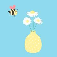 fiori di margherita in un vaso a pois e ape simpatico cartone animato. cartolina. vettore