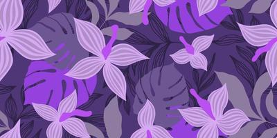 bandiera viola senza giunte di vettore con fiori lilla e foglie tropicali colorate