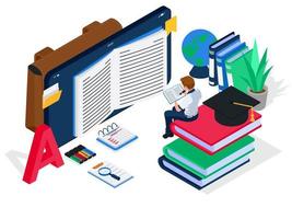 studente maschio che accede ai libri online sullo schermo dello smartphone, concetto isometrico dell'illustrazione di e-learning. maschio con dispositivo cellulare, libri, globo, lente d'ingrandimento, pianta. vettore