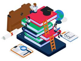 gruppo di studenti che fanno istruzione online imparando insieme e si siedono sulla composizione di grandi libri. concetto di illustrazione isometrica di e-learning. gruppo di persone che leggono libri, audiolibri, sedie, occhiali, vettore