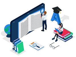 gruppo di studenti che leggono un libro online e ascoltano l'audiolibro sul dispositivo... concetto isometrico dell'illustrazione di e-learning. gruppo di persone che leggono un libro su un grande smartphone e ascoltano l'audiolibro. vettore