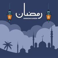 ramadan kareem e eid biglietto di auguri design e invito iftar, silhouette moschea, ornamento lanterna marocchina, calligrafia araba che significa ramadan kareem. vettore
