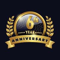 6° anniversario logo dorato distintivo del sesto anno con nastro numero sei, disegno vettoriale corona d'alloro