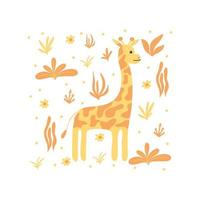 giraffa carina con piante.carta per bambini con giraffa gialla.stile disegnato.illustrazione vettoriale. adatto per stampe, cartoline, poster. vettore