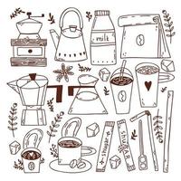 doodle set con tazze da caffè. preparazione del caffè. scarabocchiare le piante. bastoncini di zucchero. cannucce per bevande. illustrazione disegnata a mano di vettore. vettore
