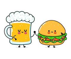 carino, divertente felice hamburger e birra. personaggi kawaii del fumetto disegnato a mano di vettore, icona dell'illustrazione. divertente cartone animato hamburger e birra mascotte concetto di carattere vettore