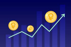 grafico di aumento della valuta del rublo russo. le monete in rubli crescono. il grafico del rublo aumenta. freccia su e diagramma. crescita della valuta russa. illustrazione vettoriale