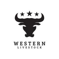 bestiame della siluetta della testa del bufalo del bestiame della mucca del toro occidentale con il vettore di progettazione di logo delle stelle