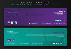 modello di banner web per le telecomunicazioni e la società dell'informazione su sfondo viola e verde vettore