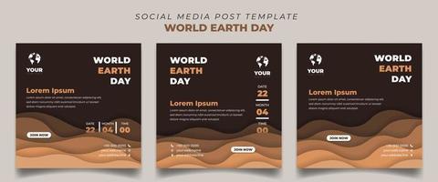 set di modello di post sui social media su sfondo quadrato. modello di progettazione della giornata mondiale della terra con sfondo tagliato su carta. vettore