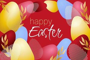 cartolina di Pasqua con uova di Pasqua dorate viola rosse e ramo vettore