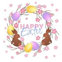 scritta di buona pasqua. corona di Pasqua con uova di Pasqua, coniglio al cioccolato, fiori e rami su sfondo bianco vettore