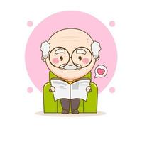 simpatico nonno che legge il giornale sul divano chibi personaggio dei cartoni animati disegnato a mano vettore