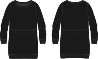 modello di illustrazione vettoriale di schizzo piatto tecnico lungo in jersey di cotone felpato da donna. maglione di abbigliamento colore nero mock up davanti, viste posteriori isolate su sfondo bianco. mascalzone delle donne