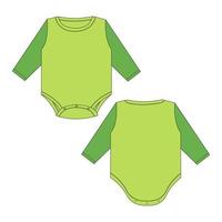 pagliaccetto per bambini a maniche lunghe verde bicolore, colore neon, generale, moda tecnica, disegno piatto, disegno vettoriale, illustrazione, vista anteriore e posteriore. abbigliamento abbigliamento design mock up per bambina. vettore