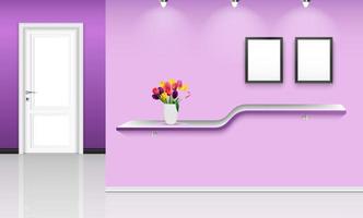 illustrazione vettoriale di sfondo muro viola con cornici e vaso di fiori su scaffale