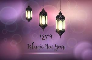 felice anno nuovo islamico con lanterna appesa su sfondo viola vettore