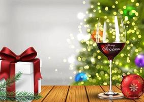 illustrazione vettoriale di bicchiere di vino di Natale con scatole regalo e palla di Natale su sfondo chiaro bokeh
