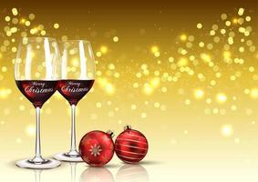 bicchiere di vino di Natale con palla di Natale su sfondo chiaro bokeh vettore