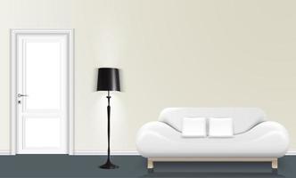illustrazione vettoriale di sfondo bianco muro con una lampada da terra e divano bianco