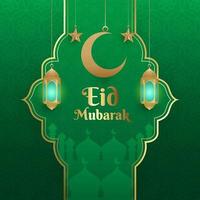 eid mubarak, felice eid al adha, eid al fitr calligrafia biglietto di auguri verde con vettore poster moschea