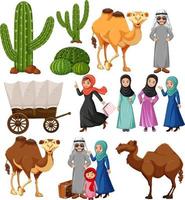 gente araba con piante di cammello e cactus vettore