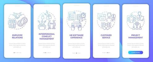 competenze per la schermata dell'app mobile onboarding gradiente blu del manager delle risorse umane vettore