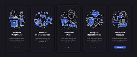 sintomi di anoressia modalità notturna onboarding schermo dell'app mobile. anemia walkthrough 5 passaggi pagine di istruzioni grafiche con concetti lineari. ui, ux, modello gui. sono stati utilizzati una miriade di caratteri normali in grassetto vettore