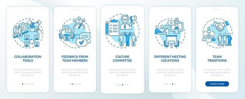 Suggerimenti per il miglioramento del lavoro di squadra schermata dell'app mobile per l'onboarding blu. procedura dettagliata per la produttività pagine di istruzioni grafiche in 5 fasi con concetti lineari. ui, ux, modello gui. sono stati utilizzati una miriade di caratteri normali in grassetto vettore