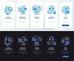 ansia al lavoro modalità notte e giorno onboarding schermo dell'app mobile. evitare la procedura dettagliata in 5 passaggi pagine di istruzioni grafiche con concetti lineari. ui, ux, modello gui. sono stati utilizzati una miriade di caratteri normali in grassetto vettore