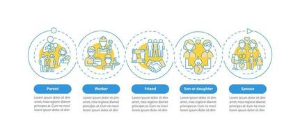modello di infografica vettoriale del concetto di ruoli sociali. elementi di design del profilo della presentazione della funzione delle persone. visualizzazione dei dati con 5 passaggi. grafico delle informazioni sulla sequenza temporale del processo. layout del flusso di lavoro con icone di linea