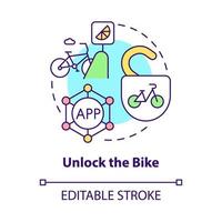 sbloccare l'icona del concetto di bici. bike sharing utilizzo idea astratta linea sottile illustrazione. consentendo l'accesso alla bicicletta. utilizzando lo smartphone per lo sblocco. disegno a colori di contorno isolato vettoriale. tratto modificabile