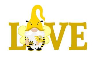 simpatico gnomo ape primaverile con testo d'amore - illustrazione moderna disegnata a mano dello gnomo. perfetto per pubblicità, poster, annunci o biglietti di auguri. bellissimo gnomo in costume da ape.