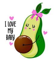 amo il mio bambino - carino disegnato a mano avocado incinta illustrazione stile kawaii. poster a colori per la festa della mamma. buono per biglietti di auguri, striscioni, tessuti, regali, camicie, tazze. abbigliamento da bimbi vettore