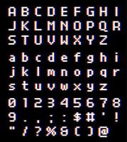 pixel glitch videogioco effetto font a 8 bit. impostare lettere maiuscole e numeri. carattere di illustrazione vettoriale.