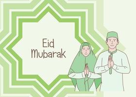 eid mubarak uomini e donne musulmani salutano fianco a fianco con spazio di copia, stile disegnato a mano con contorni sottili, illustrazione piatta vettore