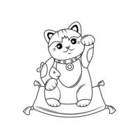 contorno di maneki neko gatto giapponese. ha alzato la zampa, tiene la carpa, si siede sul cuscino. illustrazione vettoriale. vettore